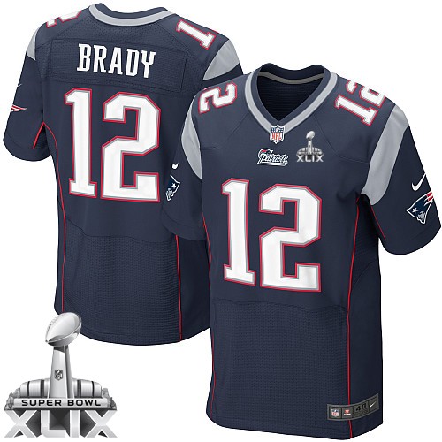 Men's Elite Tom Brady Super Bowl XLIX Nike Jersey Navy Blue Home - #12 NFL New England Patriots